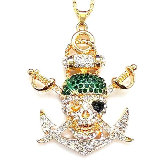 Green Hat Anchor SKULL Pendant Necklace - Picture 1 of 1